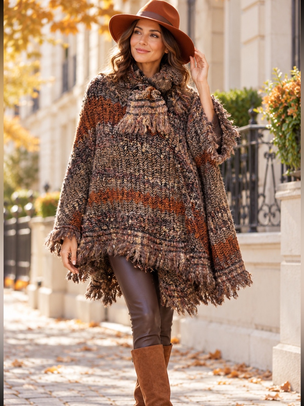 Vintage Oscar de la Renta Marled Brown and Rust Knit Poncho with Tie Scarf😍O/S